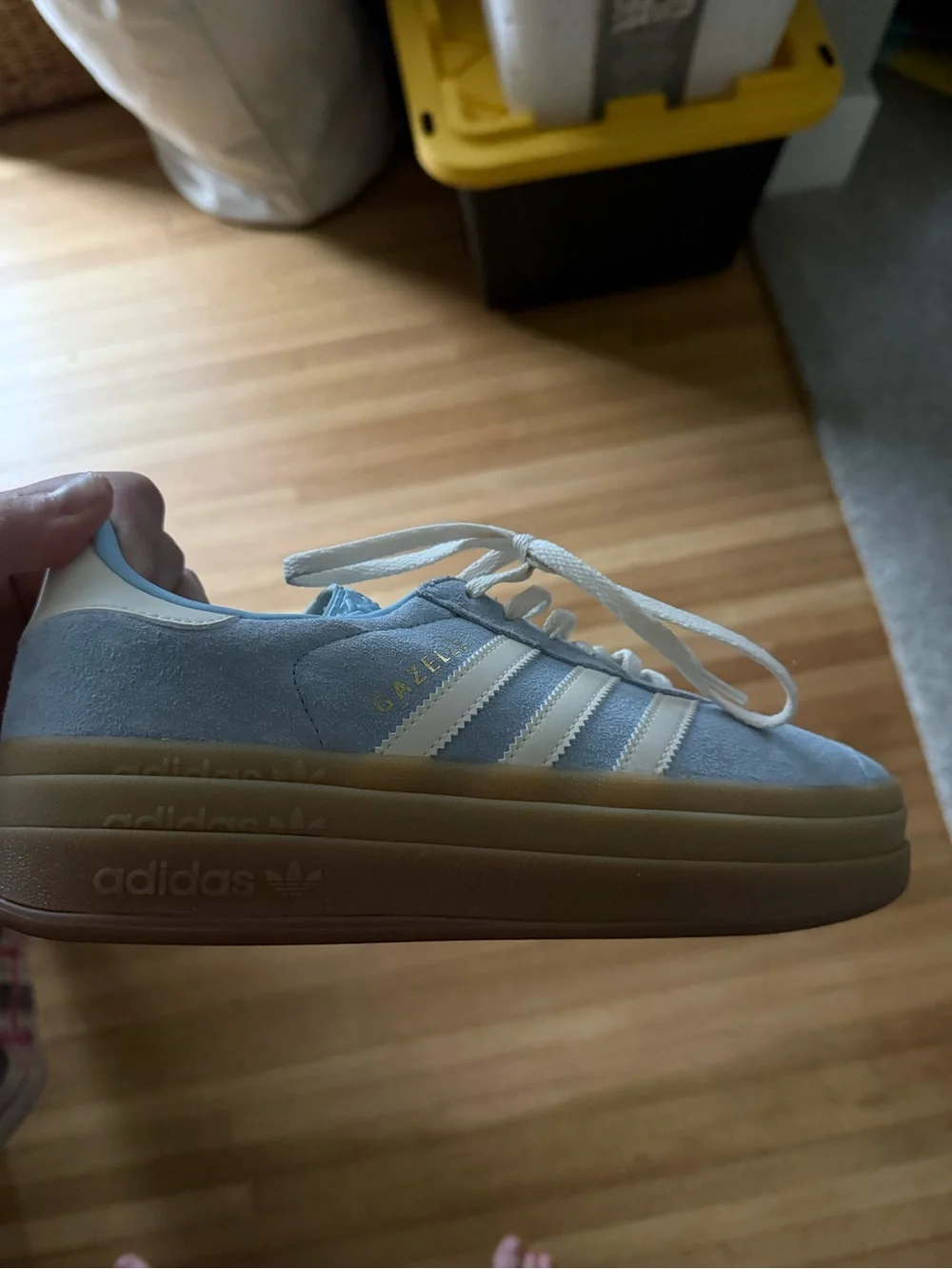 adidas Women’s Light Blue Suede Sneakers with Cream Stripes and Gum Sole